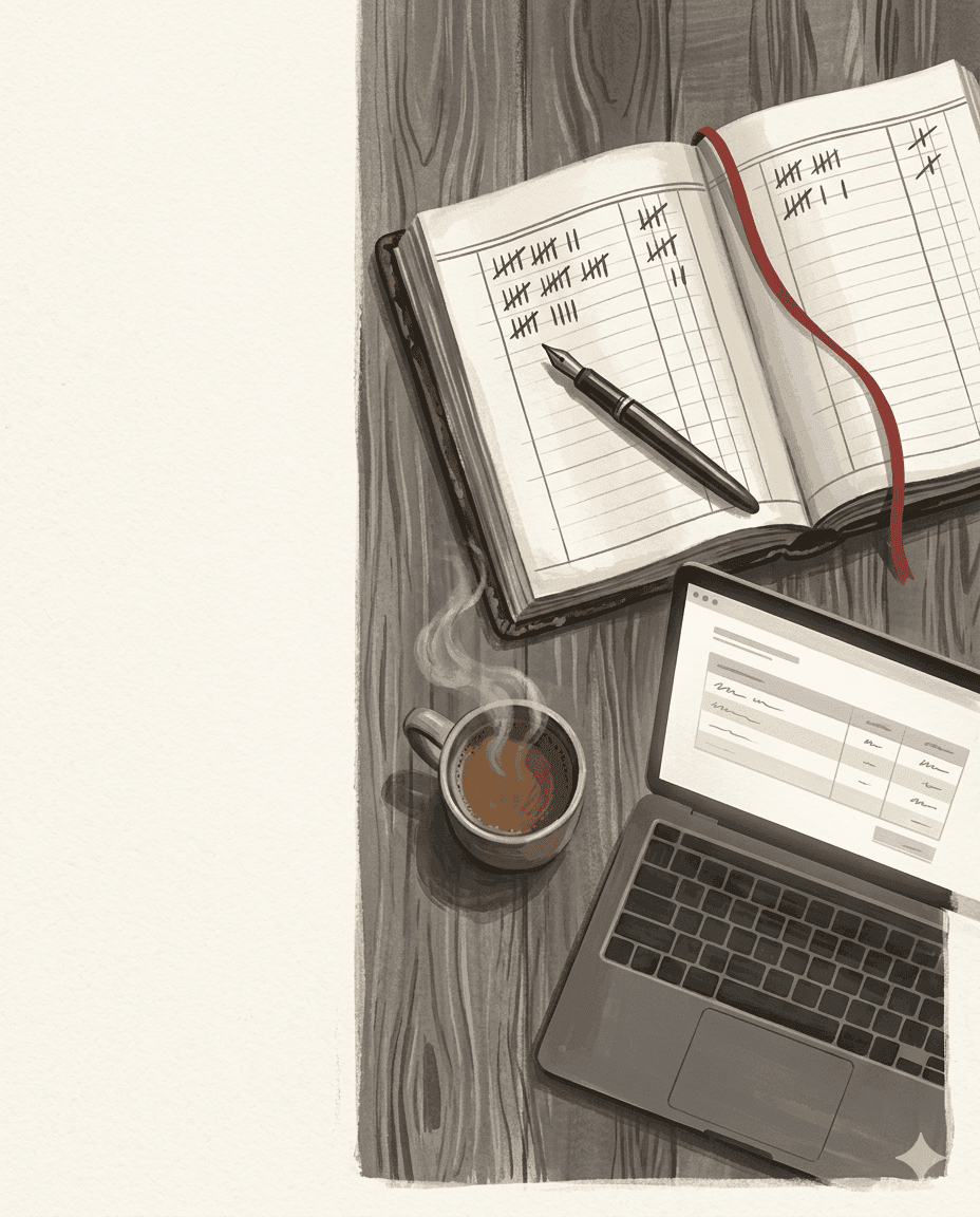 An open ledger book and a laptop reconciling payments side by side on a wooden desk