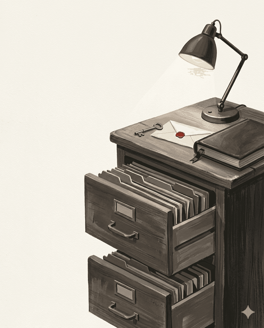 A wooden filing cabinet with a brass key and sealed envelope on top