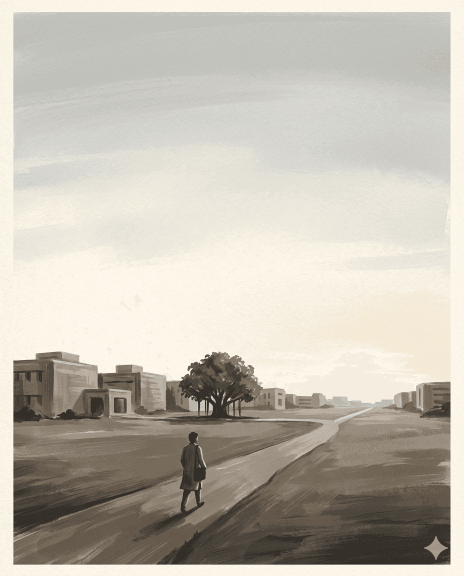 A figure walking a path through an Indian university campus at dawn, low buildings staggered toward the horizon