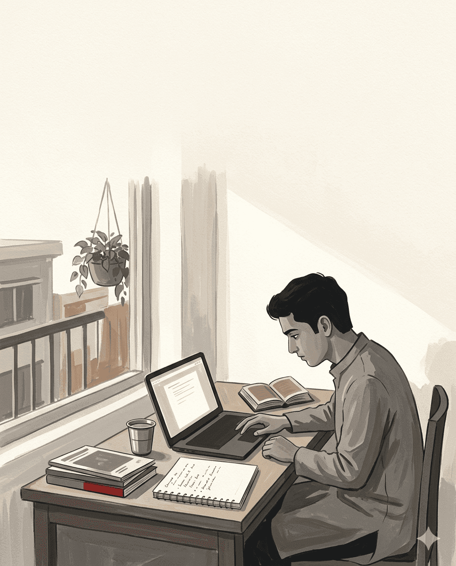 A young Indian student studying alone at a desk by a window, surrounded by university brochures and a laptop